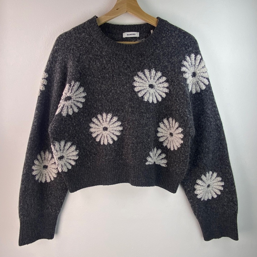 Sandro Maguy Daisy Intarsia Knit Crop Sweater Charcoal Gray Size 1 US S Boxy